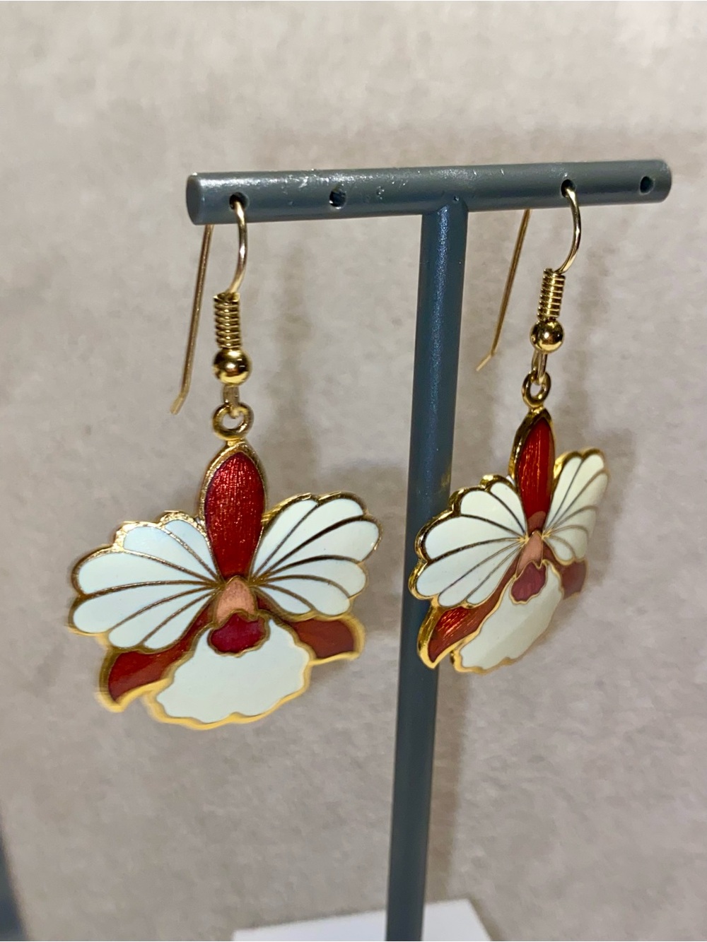 Gold-Tone Cloisonné Orchid Drop Earrings